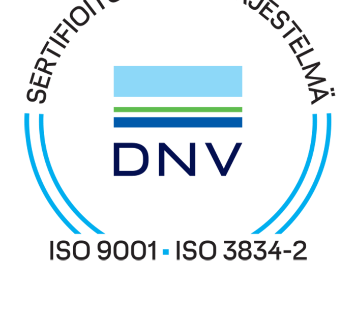 Kuvassa DNV logo Sertifioitu Laatujärjestelmä ISO 9001 ja ISO 3834-2